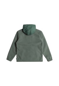 Grön fleecejacka med dragsko-hood, elastiska ärmslut och en slät yta; visad bakifrån med en minimalistisk design.