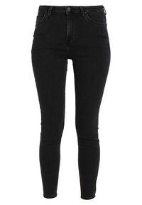 Jeans skinny de cintura alta en negro, fabricados en denim, con un diseño clásico de cinco bolsillos y una cremallera con cierre de botón.