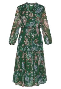 Vestido midi verde de manga larga con estampado de flores paisley, mangas transparentes, detalles de volantes en los hombros y cinturón de lazo en la cintura.