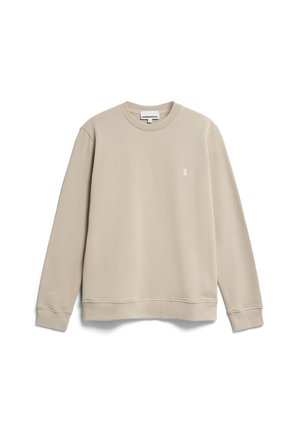 Beige Sweatshirt aus weichem Stoff, mit Rundhalsausschnitt, langen Ärmeln und einem kleinen weißen Ripsband-Logo auf der linken Brust.