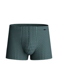 Donkergroene boxershorts met een geometrisch patroon in lichtere blauwtinten. Gemaakt van zachte stof, met een comfortabele tailleband en een gedefinieerde pouch.