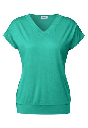 Top turchese a maniche corte con scollo a V, realizzato in tessuto morbido, caratterizzato da una vestibilità rilassata e un orlo a banda con dettagli di cucitura discreti.