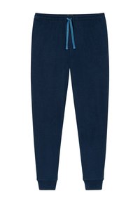 Tummansiniset verkkarit pehmeästä kankaasta, jossa on joustava vyötärö ja turkoosi nauha. Fitted lahkeet nilkoissa.
