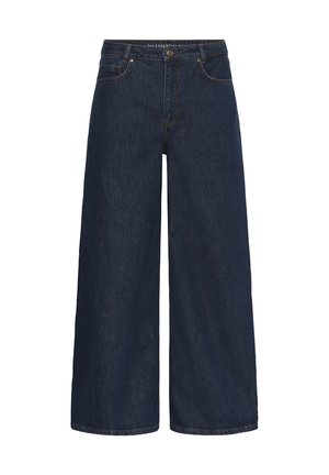 Dark blue wide-leg denim jeans with front pockets, belt loops, button closure, and visible stitching.