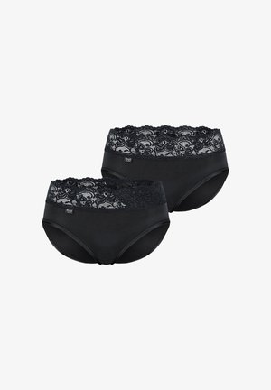 Due mutandine nere da donna con ampie fasce in pizzo floreale in vita e corpi in tessuto liscio, mostrate su sfondo bianco.