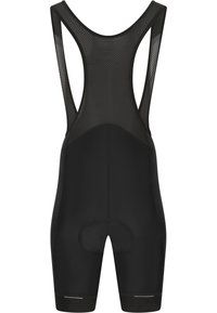 Schwarze Radhose mit Trägern, ausgestattet mit einer Netzrückenpartie im oberen Bereich und einem gepolsterten Sitzbereich, entwickelt für Komfort und Atmungsaktivität während der Fahrt.