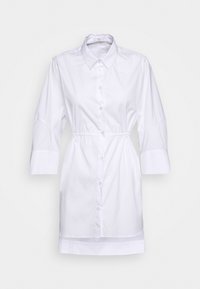 Weißes Hemdkleid mit Kragen, Dreiviertelärmeln, tailliertem Bund und geradem Saum. Hergestellt aus glattem, leichtem Stoff.