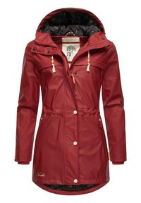 Red, waterproof jacket featuring a hood, drawstring accents, and a zippered front. Inner lining shows a contrasting pattern. Snaps and pockets included.
