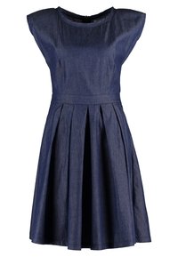Jeansová šaty s krátkými nafouklými rukávy, přiléhavým živůtkem a rozšířenou, plisse sukní. Barva: tmavě modrá. Zapínání na zip na zadní straně.