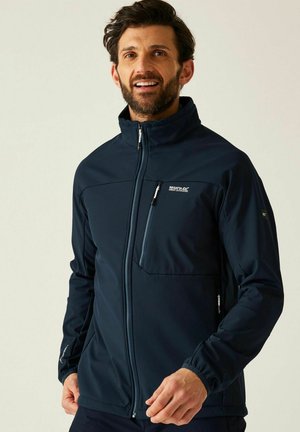 Hombre con chaqueta azul marino con cremallera, cuello alto y bolsillo en el pecho con cremallera, sonriendo frente a un fondo claro y liso.