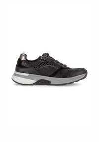 Black sneaker featuring suede and mesh textures, a rounded toe, subtle leopard print accents, and a cushioned grey sole.