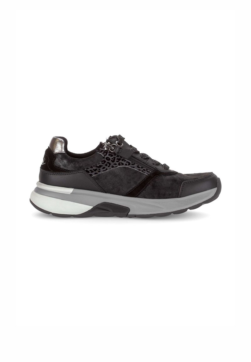 Black sneaker featuring suede and mesh textures, a rounded toe, subtle leopard print accents, and a cushioned grey sole.