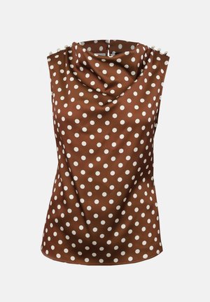 Blouse marron sans manches avec des pois blancs, col haut drapé et boutons décoratifs aux épaules.