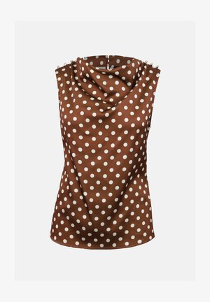Mouwloze bruine blouse met witte polkadots, gedrapeerde hoge halslijn en decoratieve knopen op de schouders.