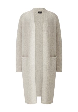 Lichtgrijze cardigan van zacht materiaal, met een open voorkant, lange mouwen en twee voorzakken. Minimalistisch ontwerp met een gestructureerde afwerking.