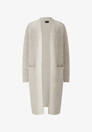 Light gray cardigan made of soft fabric, featuring an open front, long sleeves, and two front pockets. Minimalist design with a textured finish.