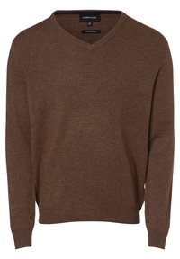 Brauner Kaschmirpullover mit V-Ausschnitt, ausgestattet mit gerippten Bündchen und Saum. Der Stoff hat eine weiche Textur und einen sanften Glanz, der seinen luxuriösen Look unterstreicht.