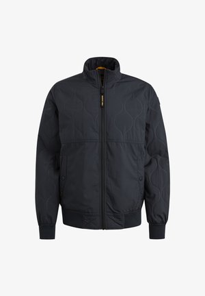 Gestepptes schwarzes Jackett mit Stehkragen, Frontreißverschluss und gerippten Bündchen. Mit dezenten Wellenmustern und Seitentaschen. Robustes Material.