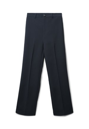 Pantaloni a gamba larga color navy realizzati in tessuto morbido, con chiusura frontale a pulsante, pieghe nette lungo le gambe e passanti per cintura.