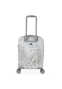 Maleta rígida con estampado de graffiti gris, asa de plata retráctil y cuatro ruedas. Presenta una textura suave y bordes redondeados.