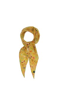 Sciarpa di seta gialla con un motivo di flora e fauna colorate, caratterizzata da illustrazioni di animali giocosi e dettagli botanici delicati.