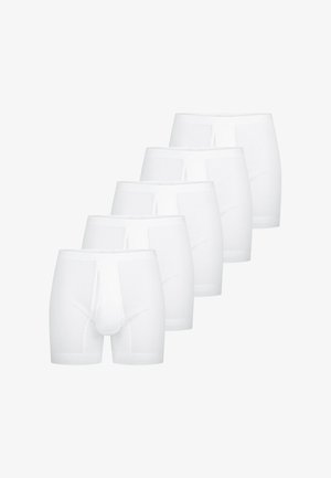 Weiße Baumwoll-Boxershorts mit einem weichen elastischen Bund und einer Fronttasche, präsentiert in einem Set von fünf, mit einem glatten, nahtlosen Design.