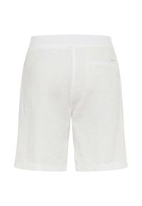 Pantaloni corti bianchi in lino con vita elasticizzata. Presentano una tasca posteriore, un tessuto strutturato e una vestibilità comoda.