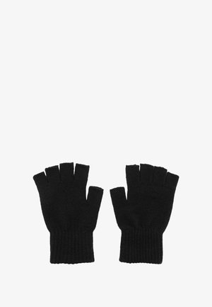 Schwarze gestrickte Handschuhe ohne Finger, mit gerippten Handgelenkbündchen, hergestellt aus weichem Stoff mit strukturierter Oberfläche. Offene Finger für besseren Halt.
