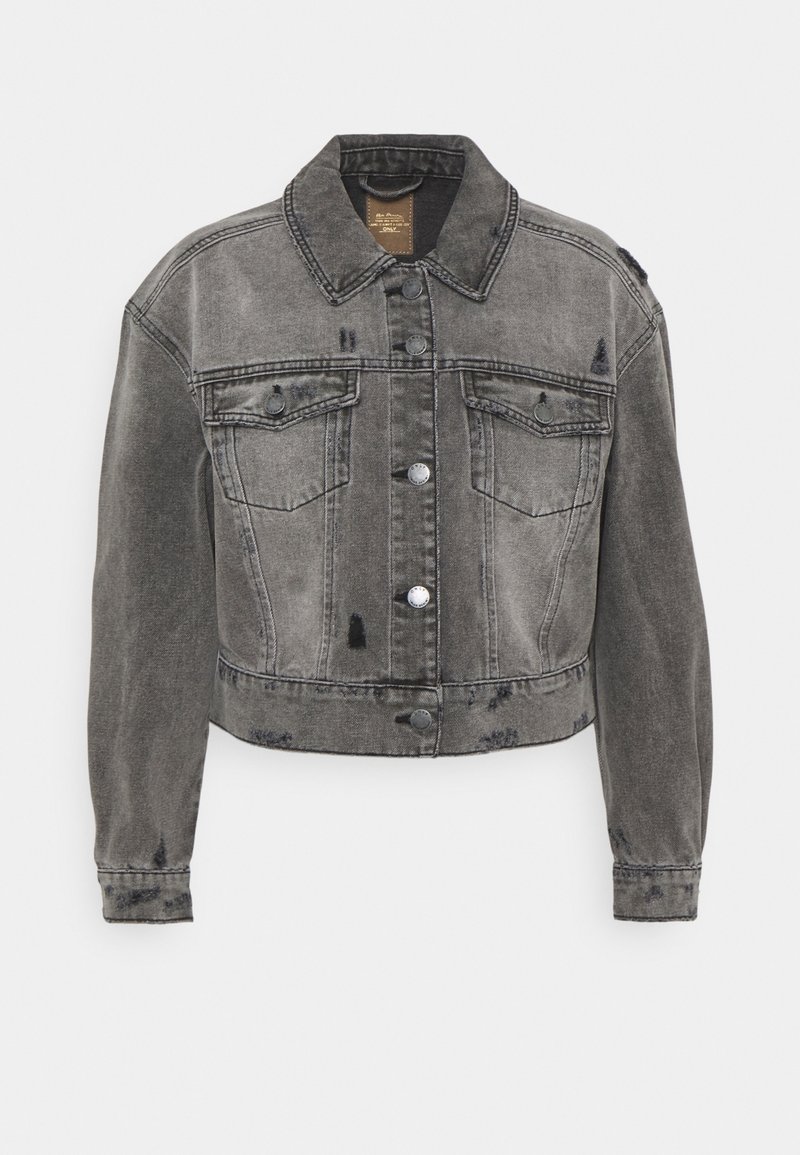 Šedá džínová zkrácená bunda s límcem, zapínáním na knoflíky, dvěma náprsními kapsami a opotřebovanými detaily na rukávech a lemu.