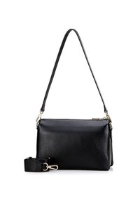Czarna skórzana torebka o gładkiej fakturze, zamykana na zamek błyskawiczny, z odpinanym paskiem ozdobionym złotymi elementami. Kompaktowy, prostokątny kształt.