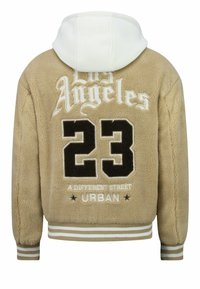 Beige fleecevest met een witte capuchon. Op de achterkant staat "Los Angeles" en het nummer "23" in zwart, met geribbelde manchetten en zoom.