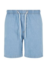 Lyseblå denimshorts med elastisk midje, hvit snor og sømdetaljer. Har en rett, avslappet passform og oppbrettede kanter.