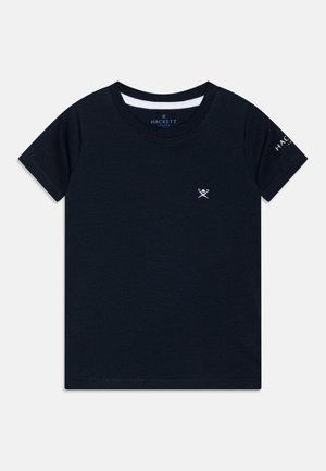 Navy blue cotton t-shirt with short sleeves, crew neck, and white logo on chest and sleeve. Smooth texture, regular fit.