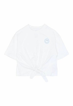 Biele bavlnené tričko s krátkymi rukávmi, skráteným dizajnom, uzlíkom vpredu a modrou výšivkou usmievajúcej sa tváre na ľavej hornej časti hrudníka.