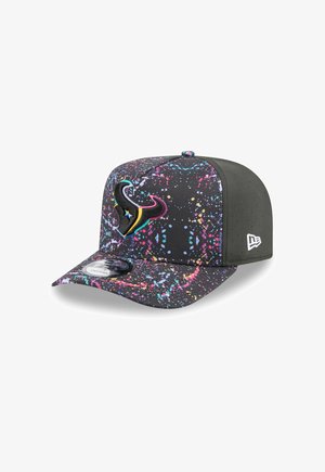 Black cap with colorful splatter pattern, featuring a raised logo in front, a flat brim, and a textured finish. New Era branding on the side.