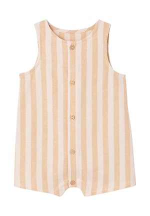 Ärmelloser Baby-Strampler in Beige und Weiß mit vertikalen Streifen, Knöpfen vorne und rundem Ausschnitt.