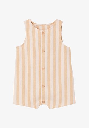 Ärmelloser Baby-Strampler in Beige und Weiß mit vertikalen Streifen, Knöpfen vorne und rundem Ausschnitt.