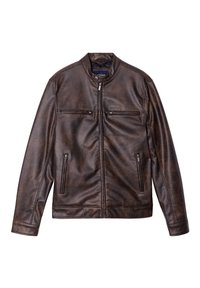 Giacca in pelle marrone con colletto rialzato, chiusura frontale con zip, due tasche sul petto e tasche laterali con zip. Texture liscia con una finitura opaca.