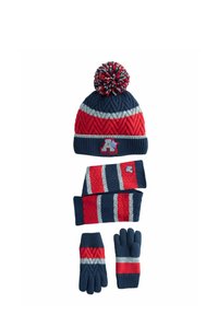 Knit winter set including a navy hat with red and gray stripes, a pom-pom on top, matching striped scarf, and gloves with color accents.