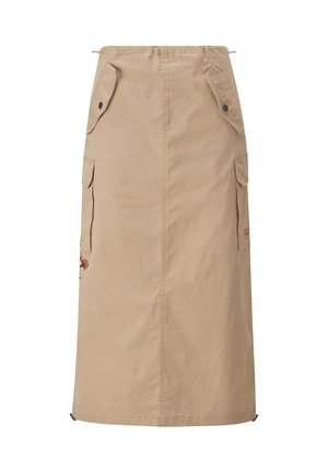 Beige cargo skirt lavet af letvægtsstof, med to sidelommer, snoreliv og blomsterbroderi på venstre side.