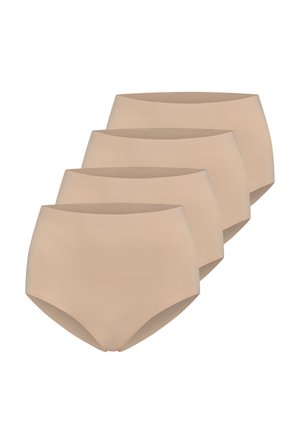 Hooggeknipte beige ondergoedset, gemaakt van een gladde stof. Kenmerkt zich door een naadloos ontwerp zonder zichtbare stiksels of patronen. Inclusief vier stuks.
