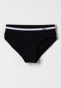 Zwarte bikinionderkant met een witte gestreepte elastische tailleband. Gemaakt van zachte stof, met een eenvoudig, glad ontwerp en geen versieringen.