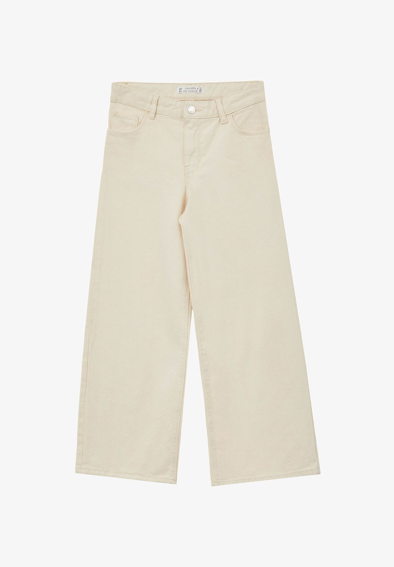 Pantalons larges beige en coton avec un design classique à cinq poches, dotés d'une fermeture à bouton à l'avant et de détails de couture discrets.