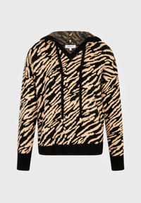 Zwart en beige hoodie met zebra-patroon, voorzien van een V-hals, trekkoord en geribde mouwen. Zachte stof met contrasterende texturen.