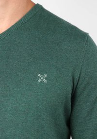 Pull en tricot vert avec un design en V. Présente un motif brodé blanc subtil sur le coin supérieur gauche de la poitrine. Texture douce.