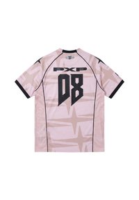 Maillot de sport à manches courtes rose clair avec gros motifs d'étoiles, bordure noire, logo "PXP" et numéro "08" au dos.