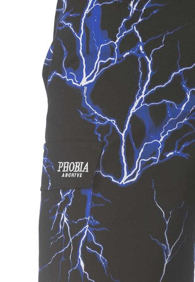 Black shorts featuring a blue lightning bolt pattern. Includes a side pocket with "PHOBIA ARCHIVE" embroidered in white.