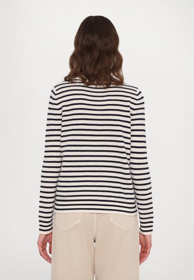 Striped sweater in navy and cream, featuring a crew neck and long sleeves. Soft knit fabric with ribbed cuffs and hem.