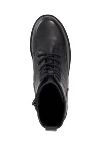 Black leather ankle boot with a textured finish, round toe, lace-up design, and a side zipper for easy access.