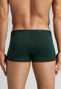 Cajones verdes de boxer hechos de un material suave y elástico. Presentan un diseño ajustado con una cinturilla negra y detalles de costura.